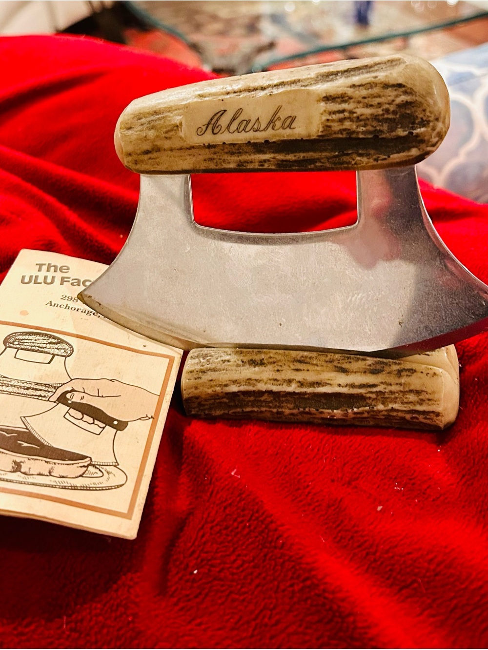Ulu Alaska Mezzaluna Knife with Antler Handles - Silver Blade